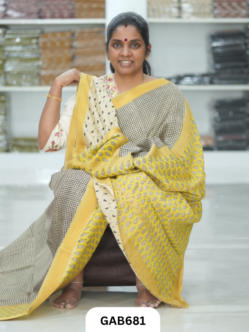 Hand Block Printed Maheshwari Silk Saree