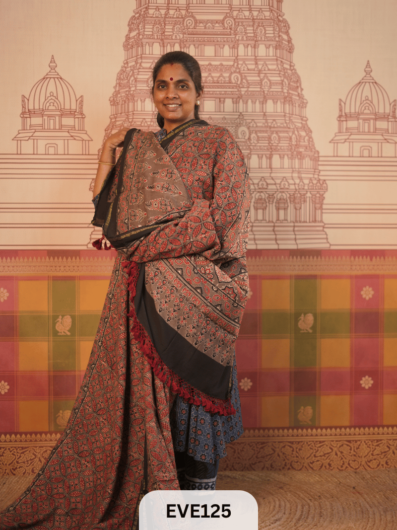 PURE CHANDERI SILK AJRAKH HANDBLOCK SAREE