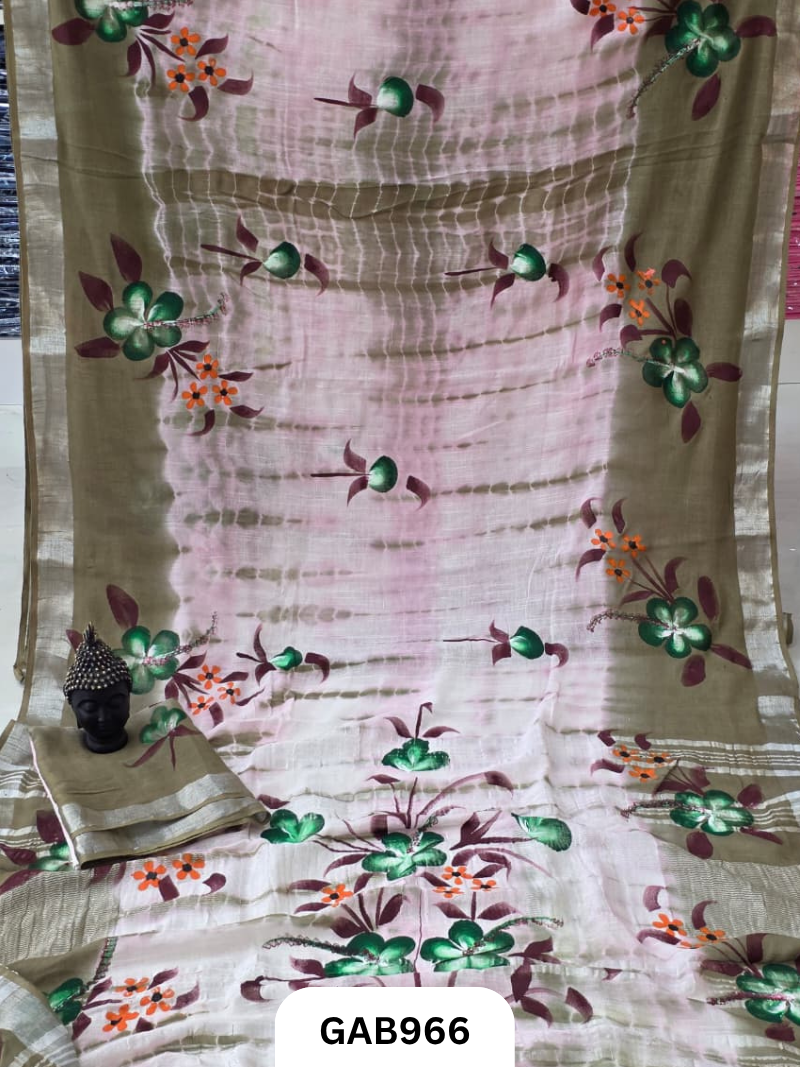 Bagru Handblock Print Linen Saree With Attached Blouse