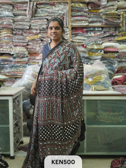 MODAL NATURAL AJRAKH HANDBLOCK SAREE WITH GLUE MIRROR