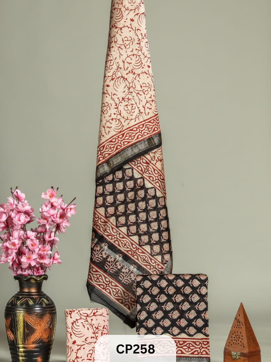 Hand Block printed Maheshwari silk Suit
