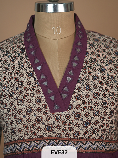 AJARKH COTTON ANARKALI MIRROR WORK KURTI