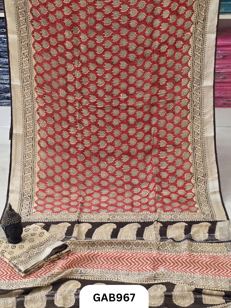 Bagru Handblock Print Linen Saree With Attached Blouse
