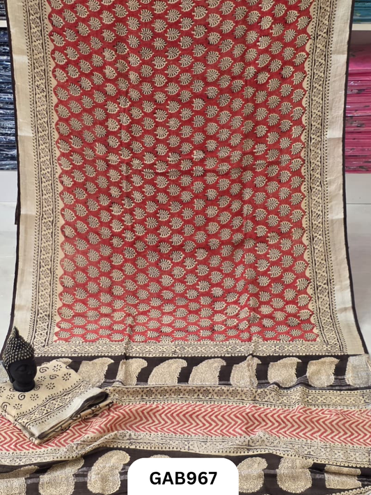 Bagru Handblock Print Linen Saree With Attached Blouse