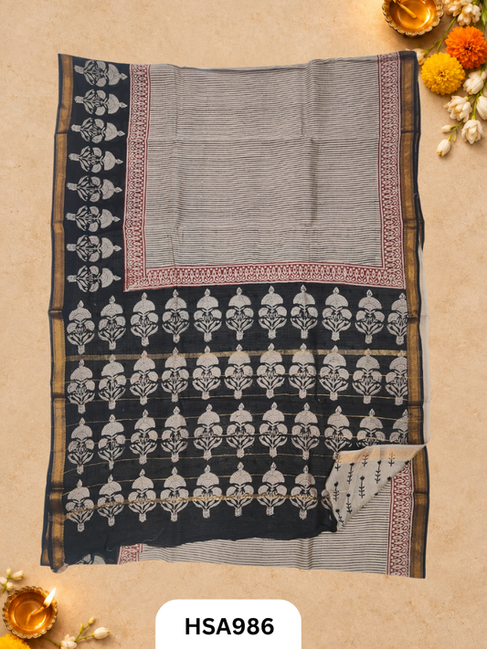 Pure Maheswari Silk Cotton - Handblock Print Saree With Blouse