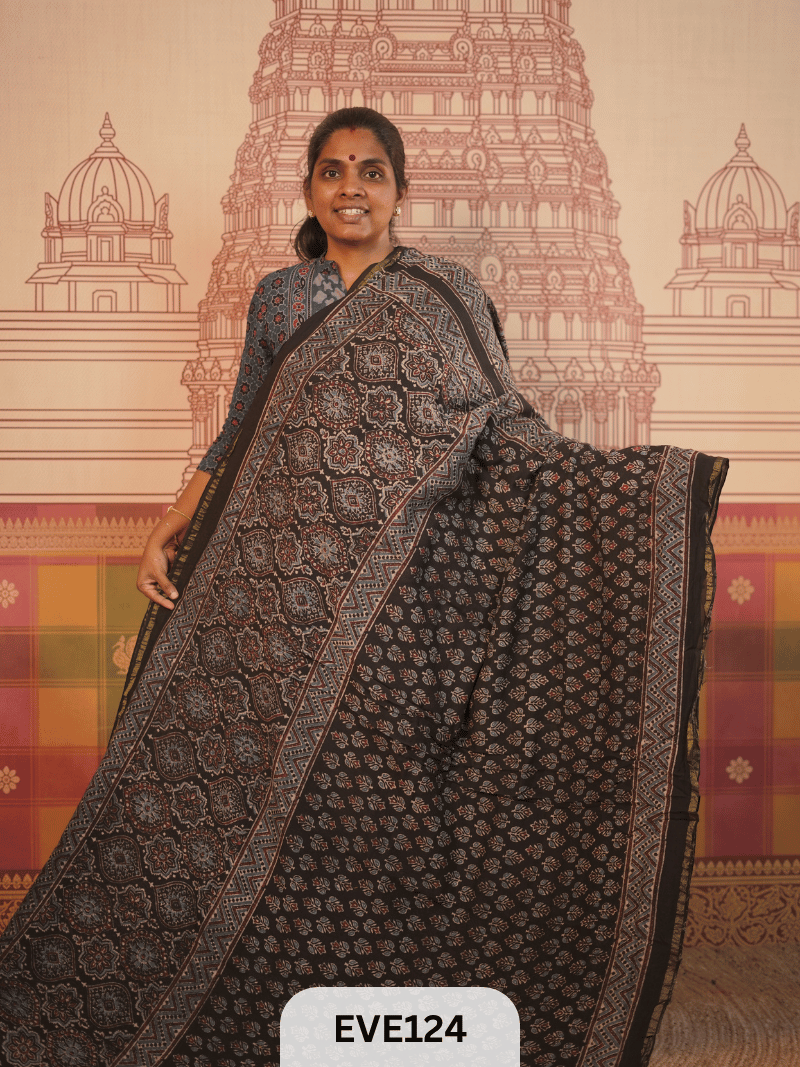 PURE CHANDERI SILK AJRAKH HANDBLOCK SAREE