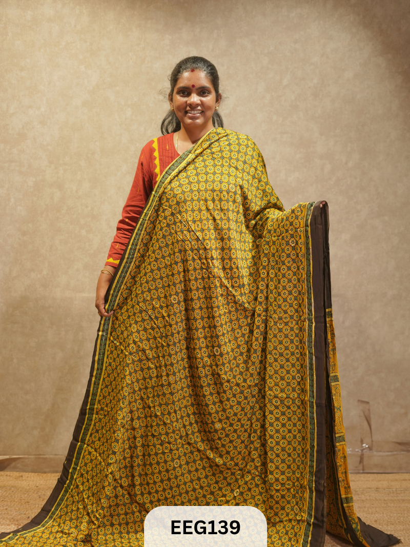 AJRAKH MODAL SAREE WITH KHATLI HANDWORK