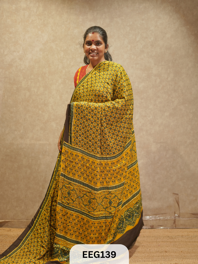 AJRAKH MODAL SAREE WITH KHATLI HANDWORK
