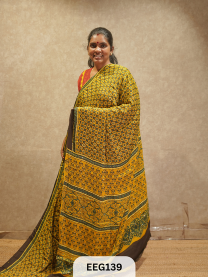 AJRAKH MODAL SAREE WITH KHATLI HANDWORK