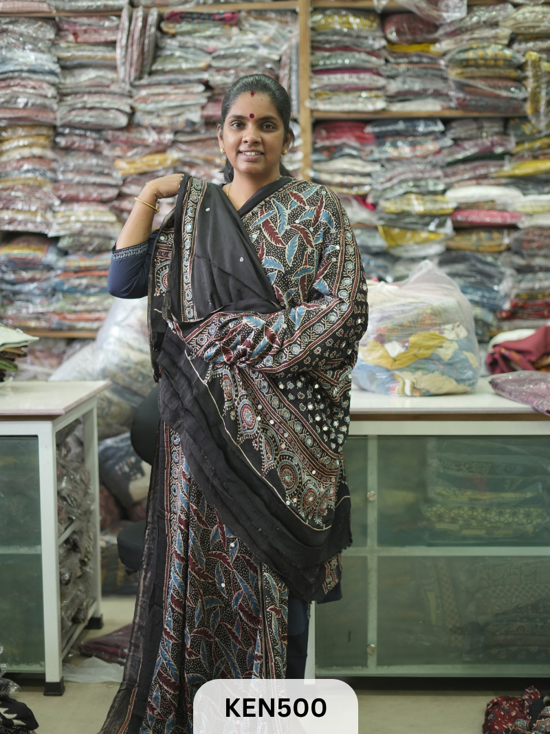 MODAL NATURAL AJRAKH HANDBLOCK SAREE WITH GLUE MIRROR