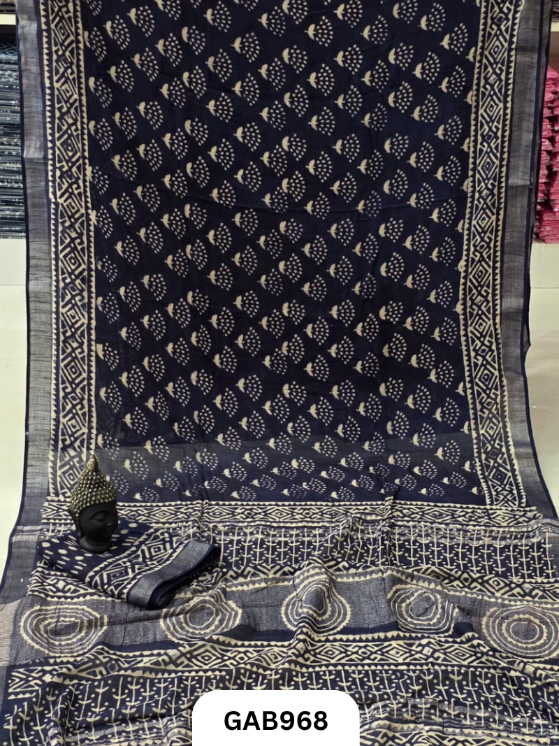 Bagru Handblock Print Linen Saree With Attached Blouse
