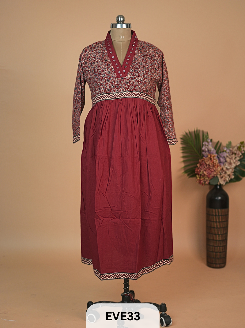 AJARKH COTTON ANARKALI MIRROR WORK KURTI