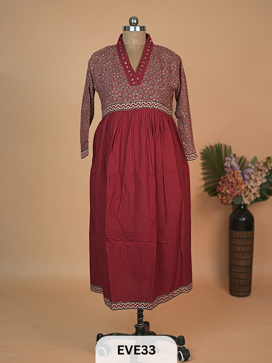 AJARKH COTTON ANARKALI MIRROR WORK KURTI