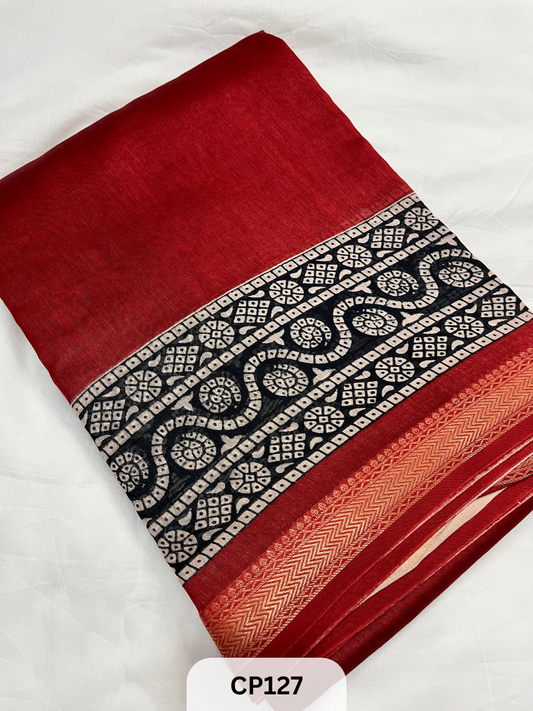 Maheshwari Silk Zari Border with Jaipur Handblock Print Saree
