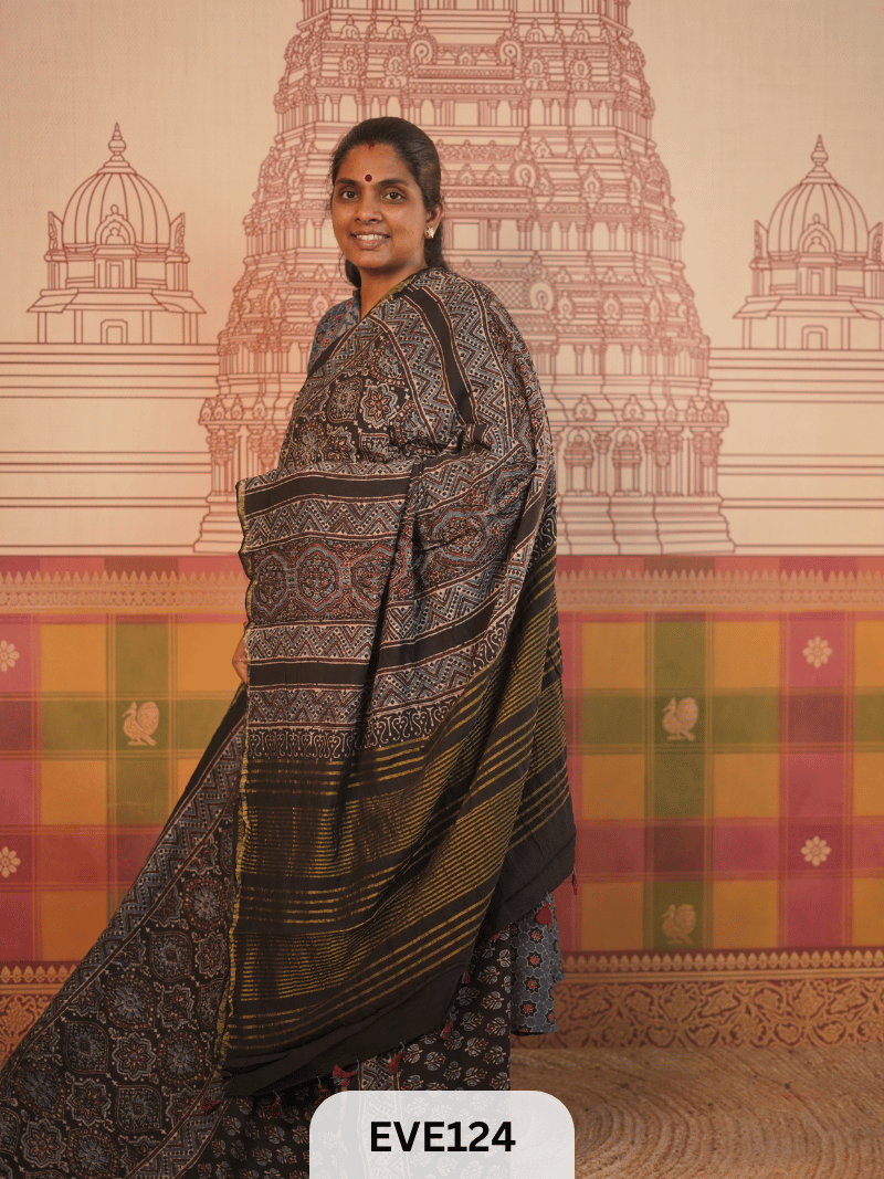 PURE CHANDERI SILK AJRAKH HANDBLOCK SAREE