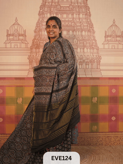 PURE CHANDERI SILK AJRAKH HANDBLOCK SAREE