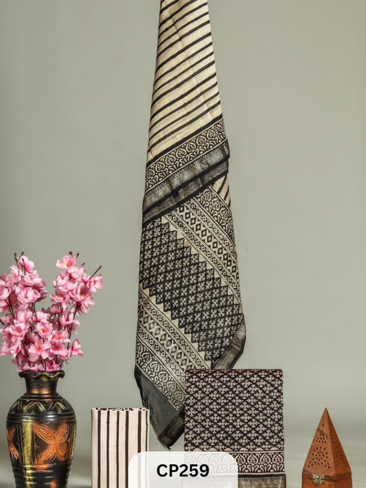 Hand Block printed Maheshwari silk Suit