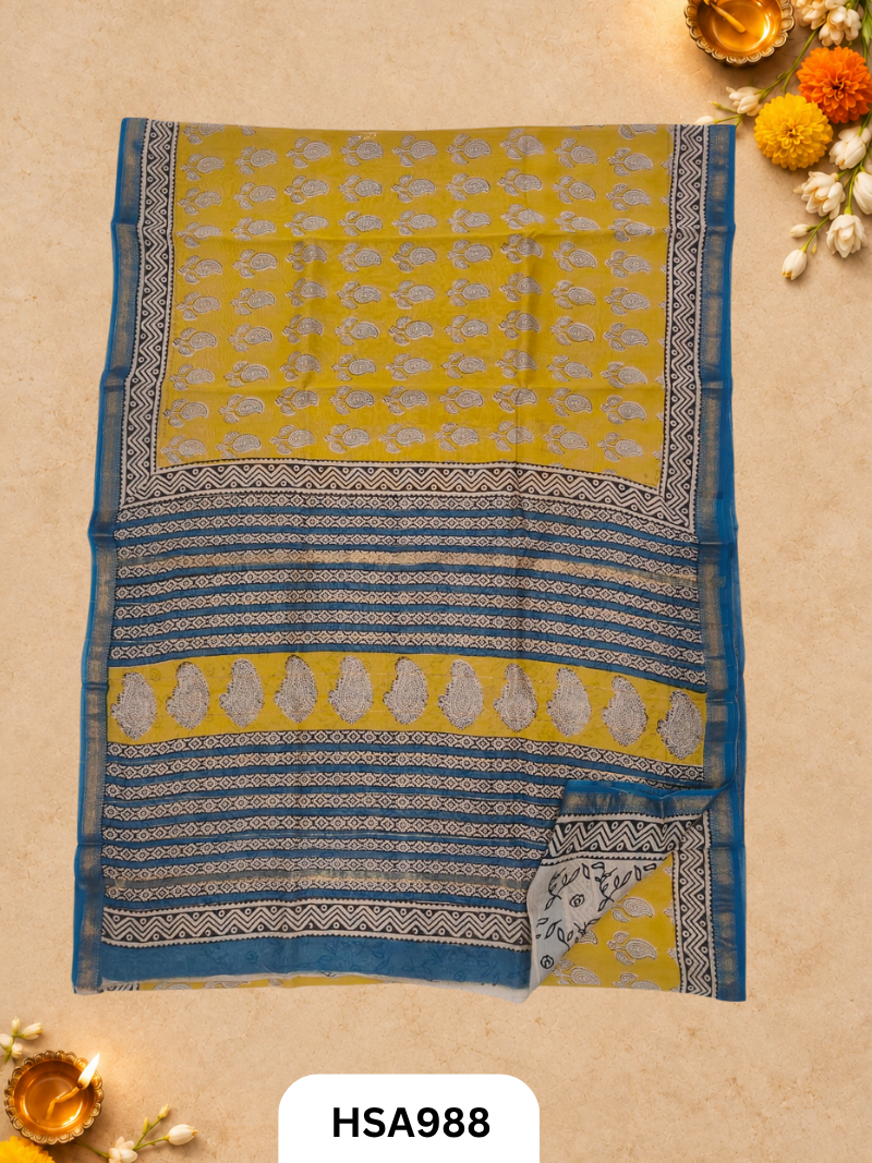 Pure Maheswari Silk Cotton - Handblock Print Saree With Blouse