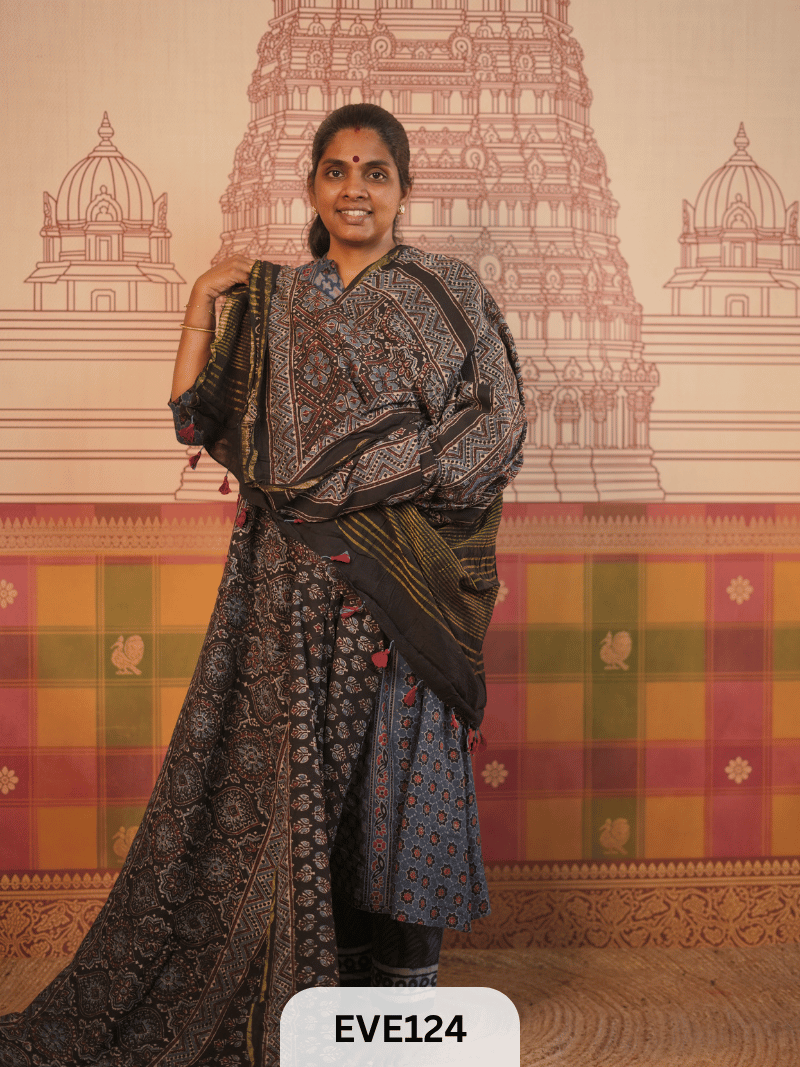 PURE CHANDERI SILK AJRAKH HANDBLOCK SAREE
