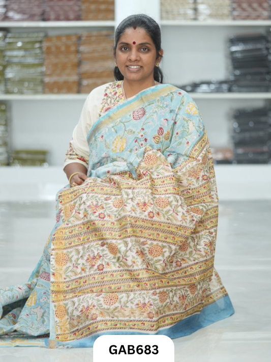 Hand Block Printed Maheshwari Silk Saree