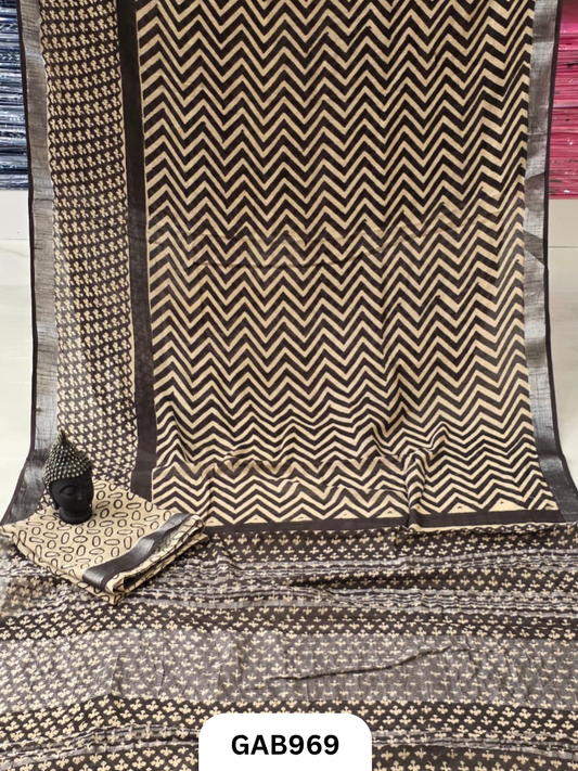Bagru Handblock Print Linen Saree With Attached Blouse