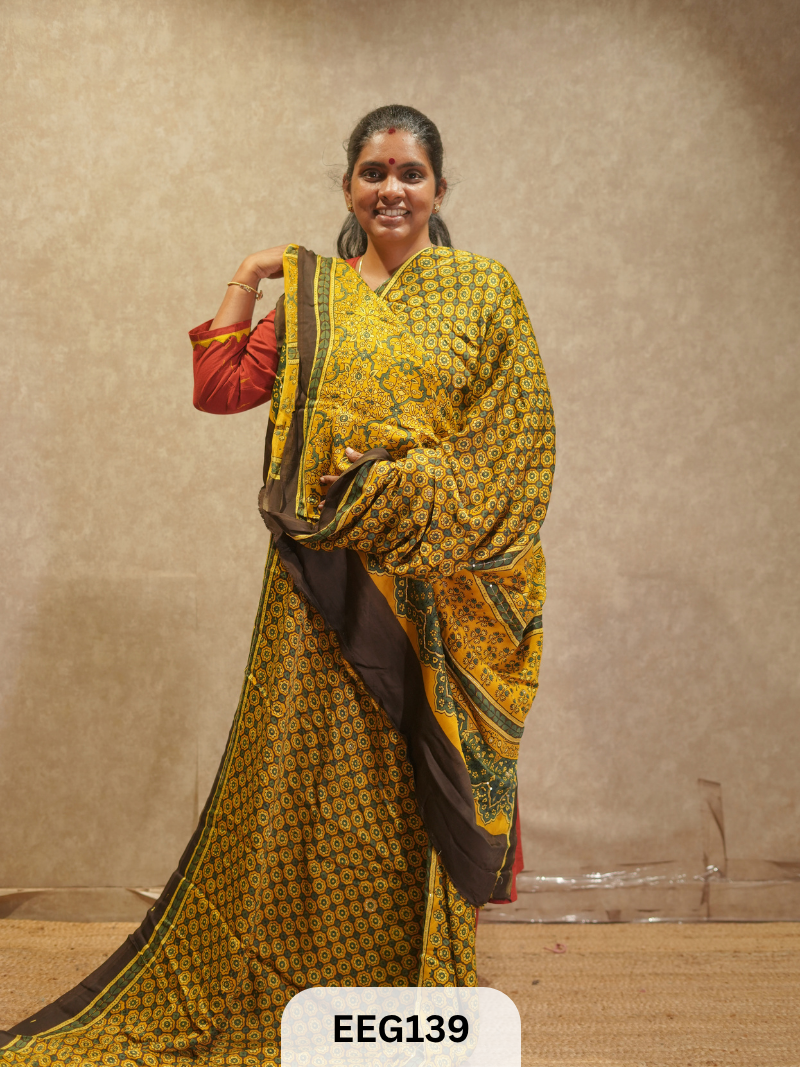 AJRAKH MODAL SAREE WITH KHATLI HANDWORK