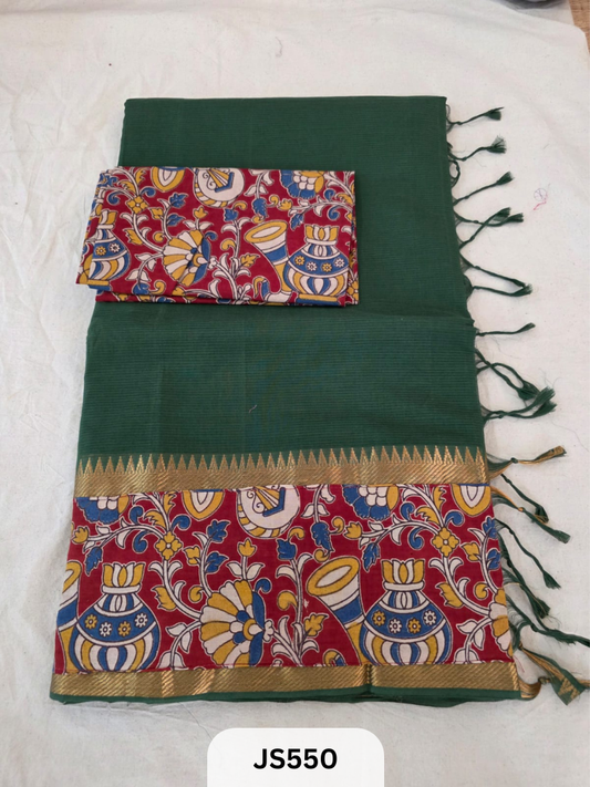 Mangalagiri Cotton X Kalamkari patch Border / dual blouse-1 mtr Kalamkari Blouse