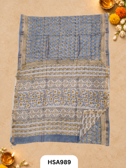Pure Maheswari Silk Cotton - Handblock Print Saree With Blouse