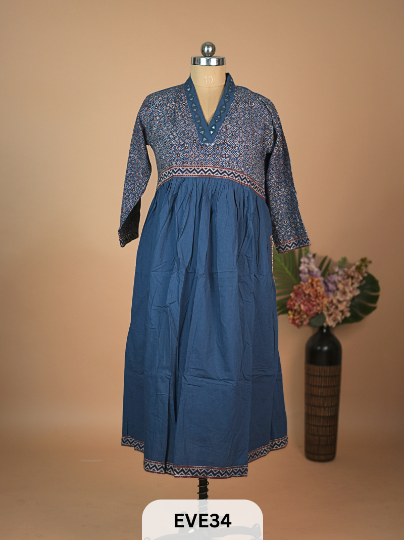 AJARKH COTTON ANARKALI MIRROR WORK KURTI