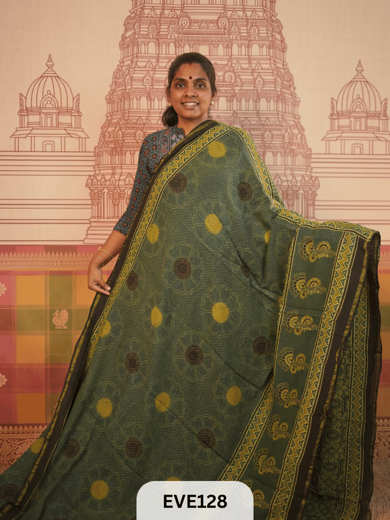 PURE CHANDERI SILK AJRAKH HANDBLOCK SAREE