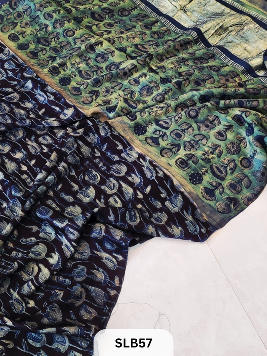 PURE MODAL AJRAKH HAND BLOCK WITH TISSUE SILK PALLU