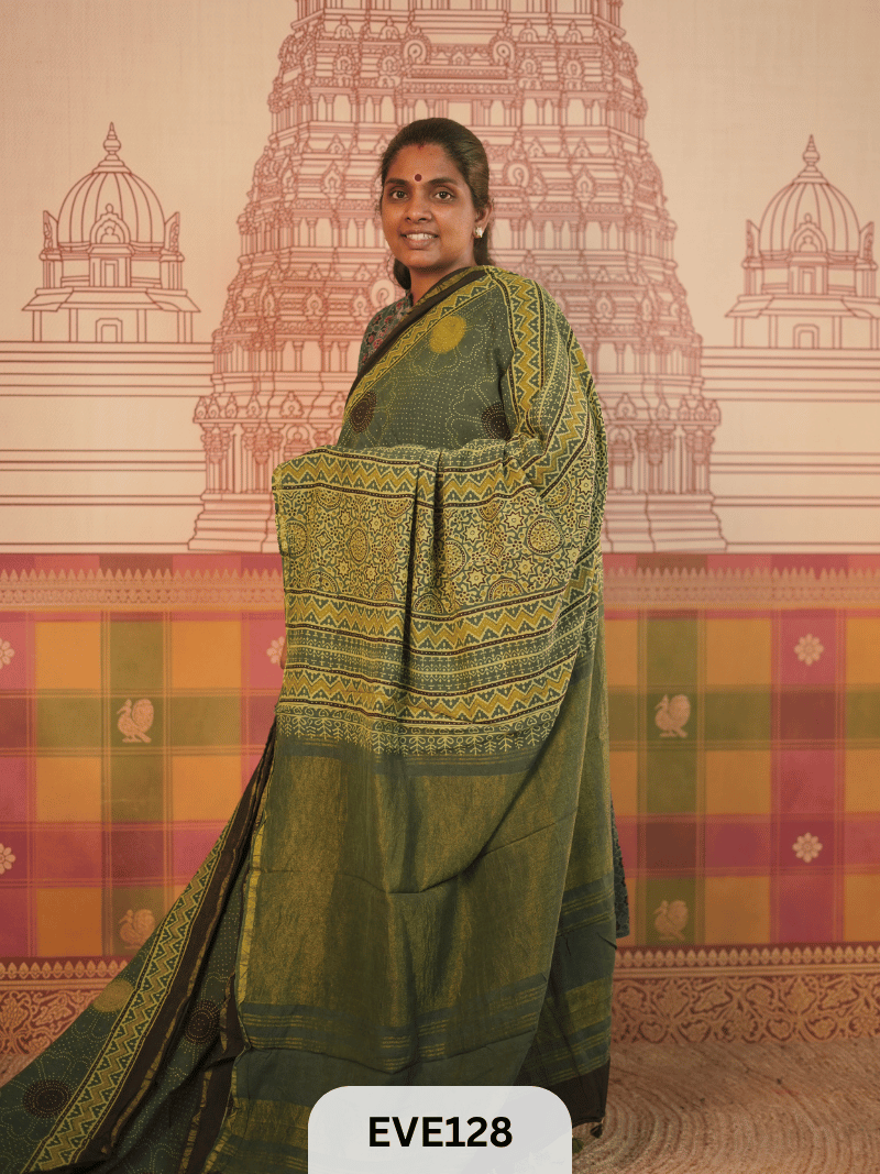 PURE CHANDERI SILK AJRAKH HANDBLOCK SAREE
