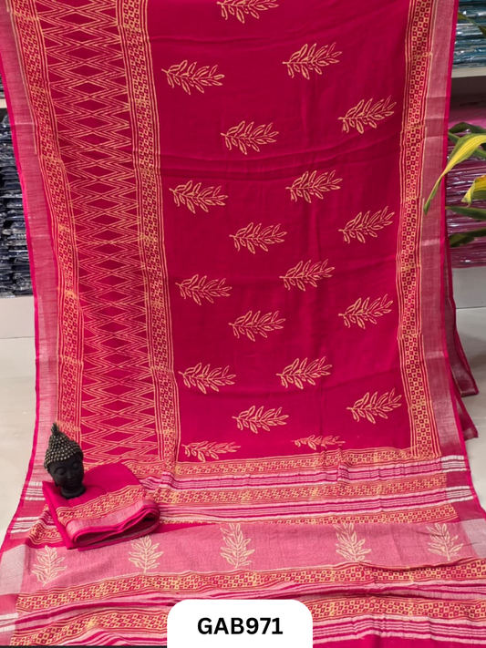 Bagru Handblock Print Linen Saree With Attached Blouse