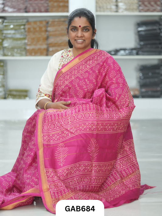 Hand Block Printed Maheshwari Silk Saree