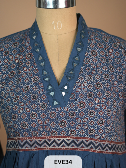 AJARKH COTTON ANARKALI MIRROR WORK KURTI