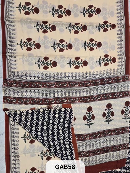BAGRU PRINT COTTON MULMUL SAREES WITH BLOUSE-SAREE 5.5M +BLOUSE 1M
