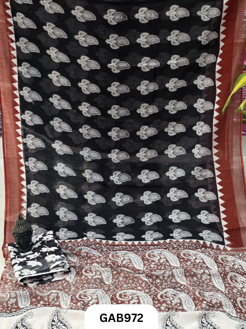 Bagru Handblock Print Linen Saree With Attached Blouse