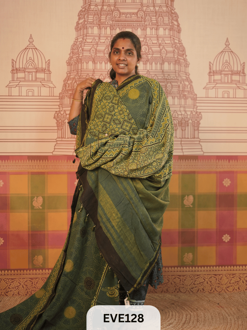 PURE CHANDERI SILK AJRAKH HANDBLOCK SAREE