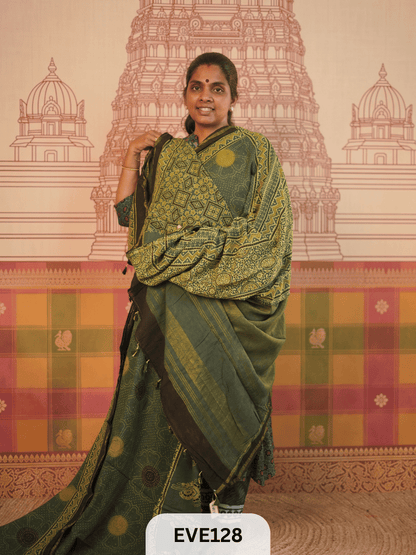 PURE CHANDERI SILK AJRAKH HANDBLOCK SAREE
