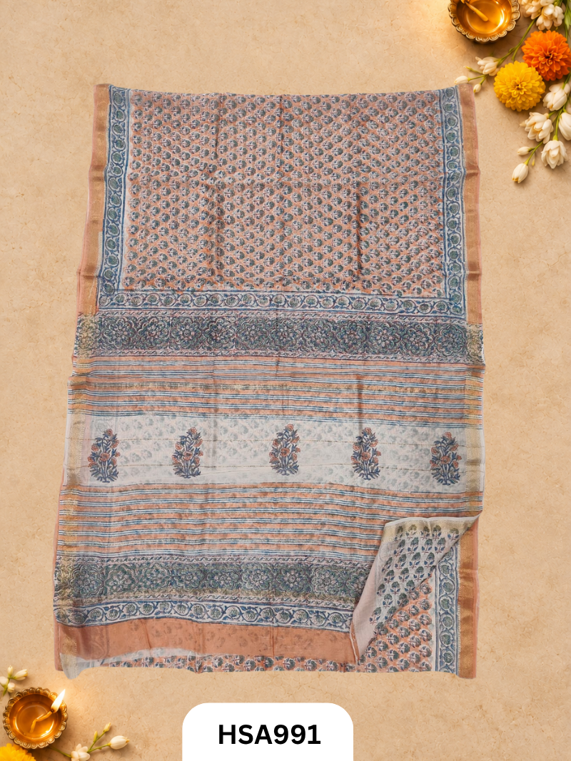 Pure Maheswari Silk Cotton - Handblock Print Saree With Blouse