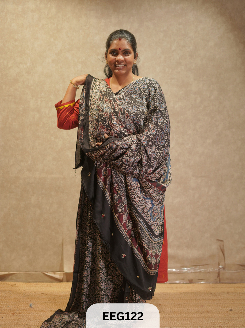 AJRAKH MODAL SAREE WITH KHATLI HANDWORK