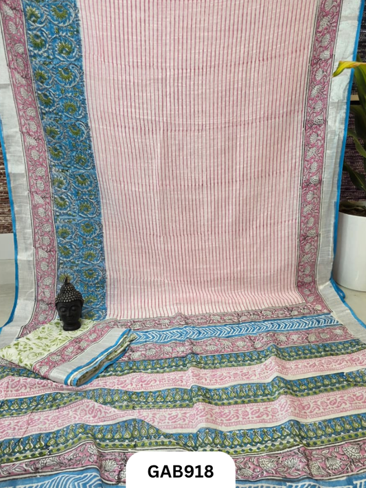 Bagru Handblock Print Linen Saree With Attached Blouse
