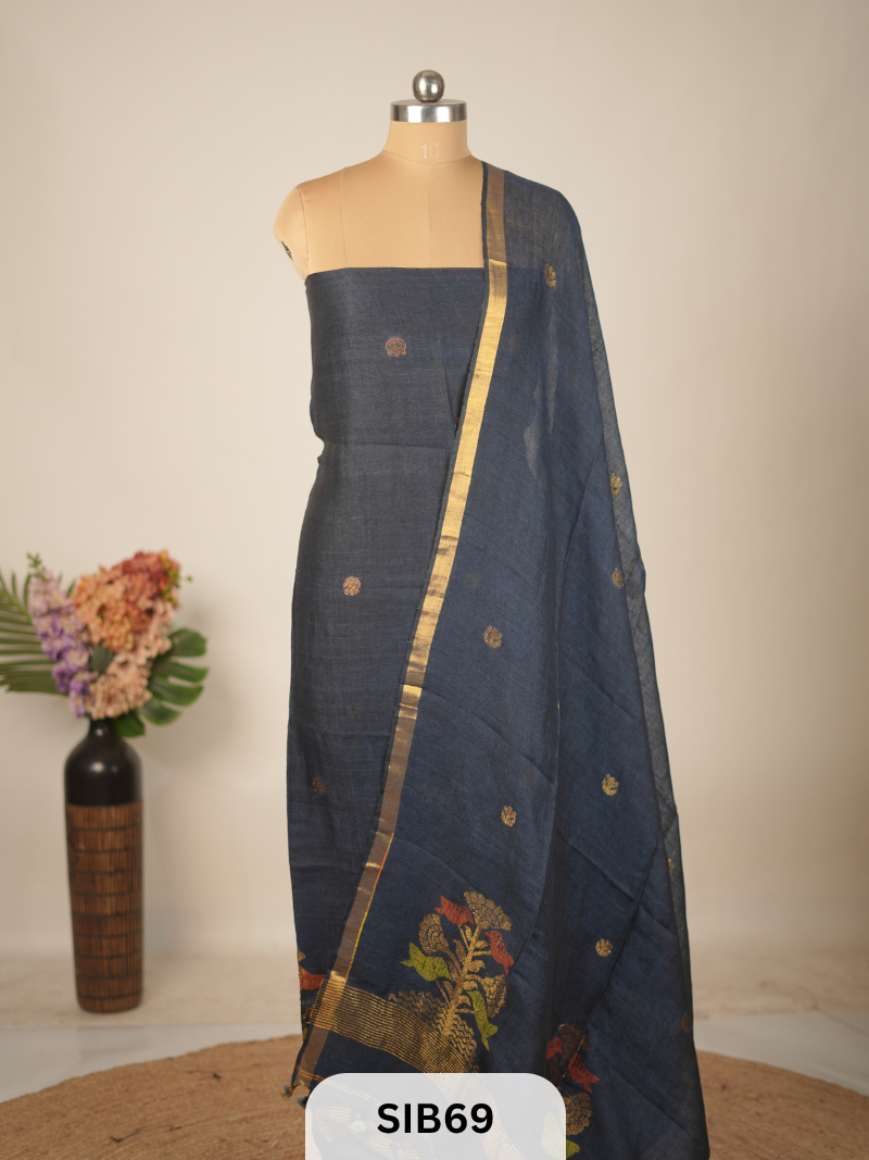 FUSION PURE LINEN INTO KANCHIPURAM SALWAR SUIT - HANDLOOM