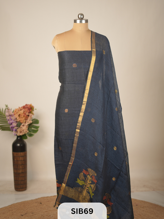 FUSION PURE LINEN INTO KANCHIPURAM SALWAR SUIT - HANDLOOM
