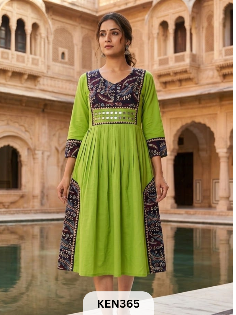 COTTON NATURAL &PLAIN COMBINATION FROCK STYLE KURTI WITH MIRROR WORK