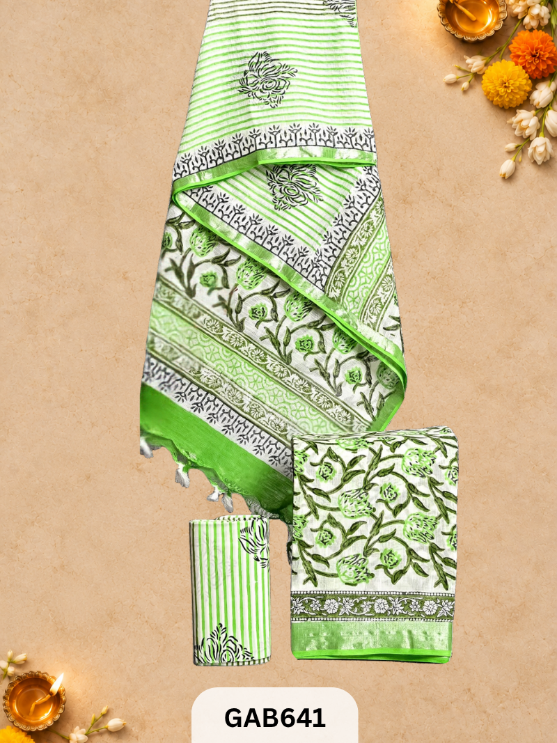 Bagru Hand Block Printed Linen Suits With Zari Border