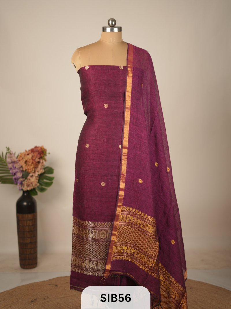 FUSION PURE LINEN INTO KANCHIPURAM SALWAR SUIT - HANDLOOM