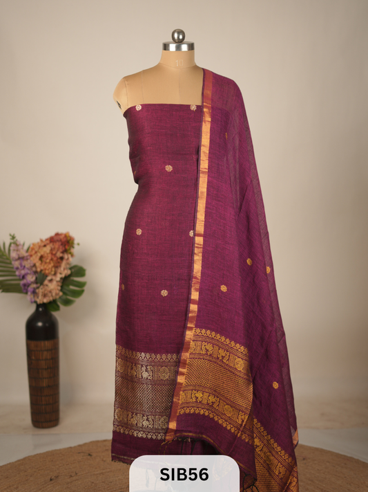 FUSION PURE LINEN INTO KANCHIPURAM SALWAR SUIT - HANDLOOM