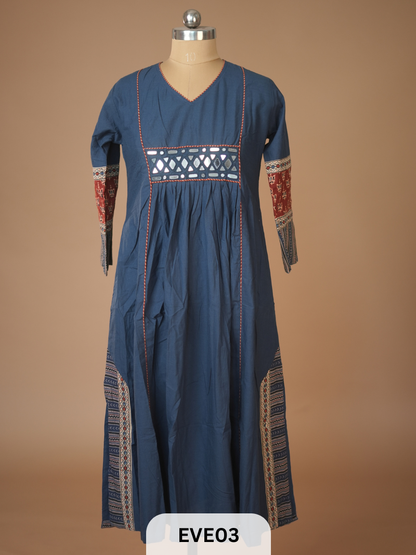 PLAIN COTTON KURTI WITH MIRROR WORK AND AJRAKH PRINT