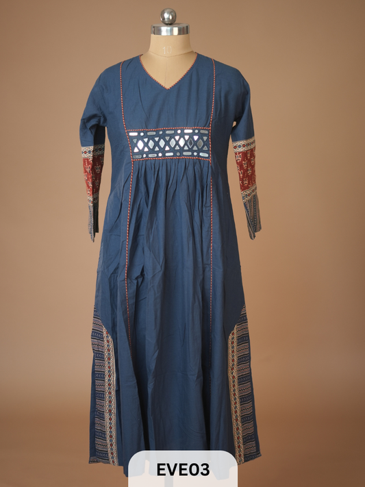 PLAIN COTTON KURTI WITH MIRROR WORK AND AJRAKH PRINT